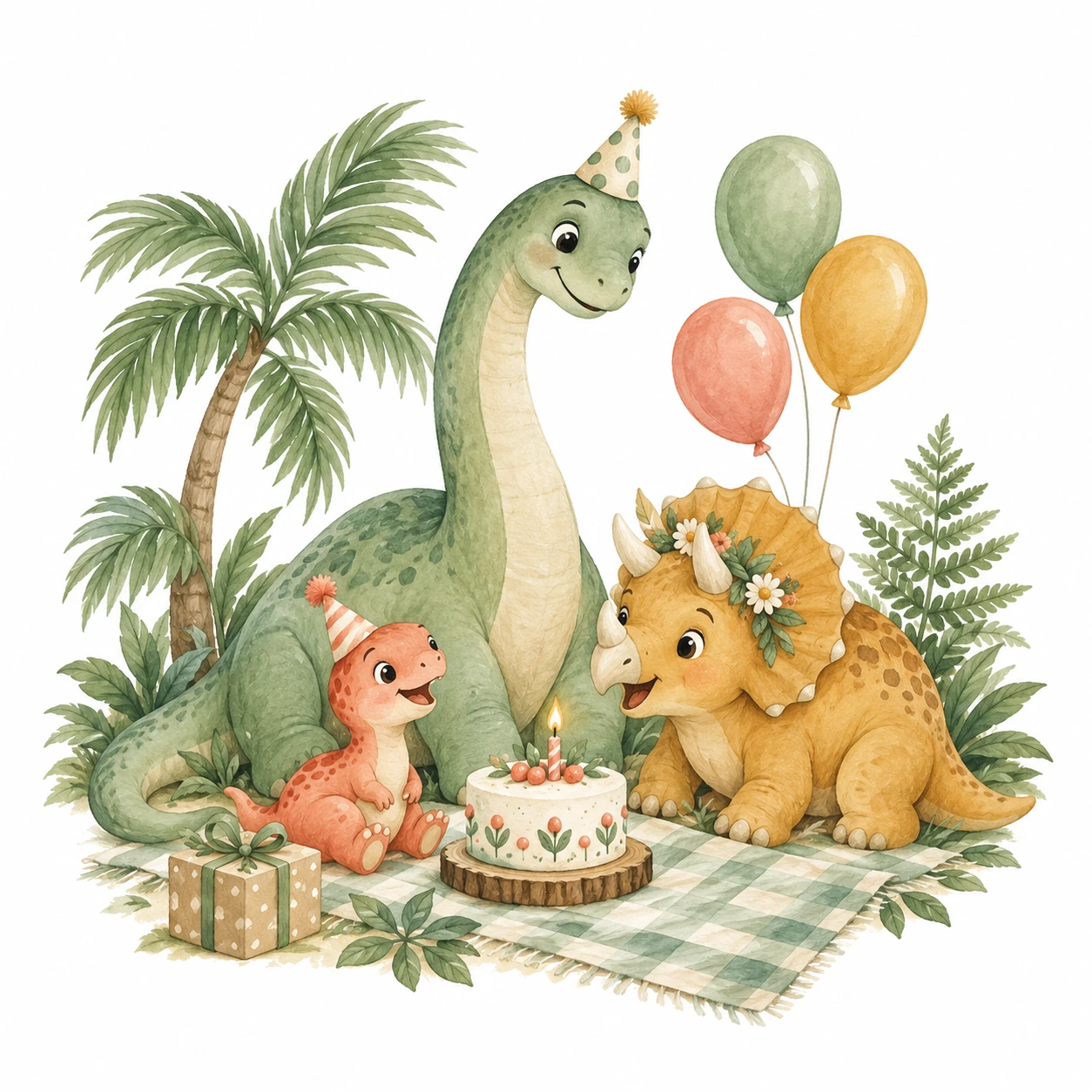 Illustrierte Dinosaurier mit Geburtstagstorte und Luftballons