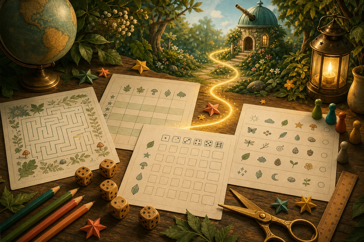 Illustrierter Spieltisch mit Labyrinth, Würfelblatt und Stiften