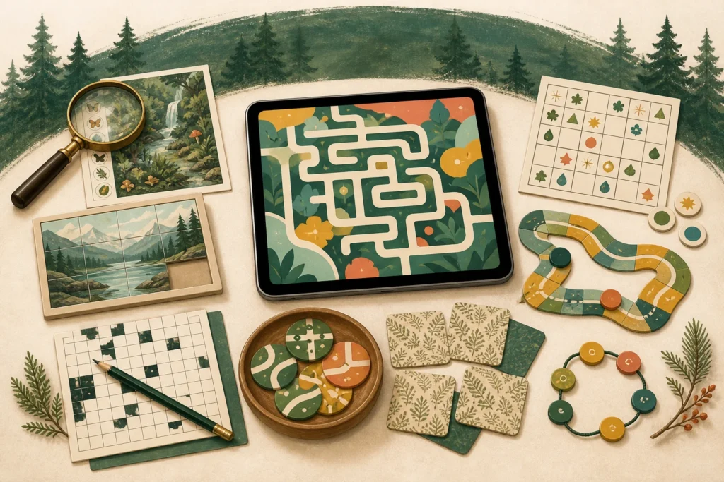 Illustration mit Labyrinth, Wimmelbild, Bild-Sudoku, Wegepuzzle und Kartenpaaren rund um ein Tablet