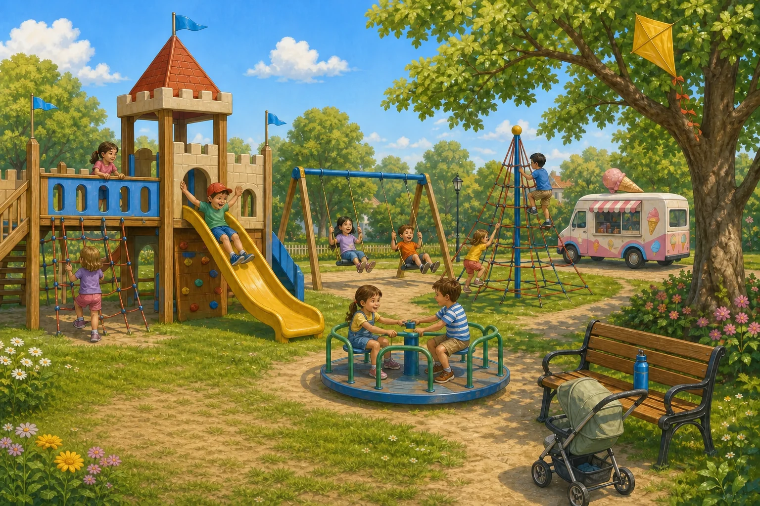 Sonniger Schloss-Spielplatz mit Kindern, Spielgeräten, Kinderwagen und Eiswagen